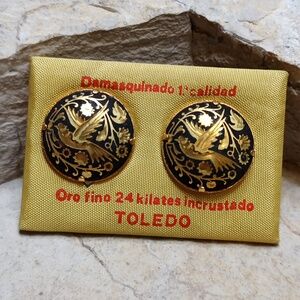 Vintage 24k Gold Plated Toledo Damascene Clip on Earrings